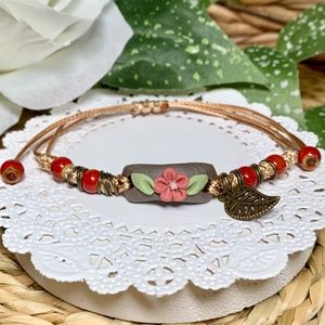 Red Floral Clay Pendant with Ceramic Beads Adjustable Bracelet